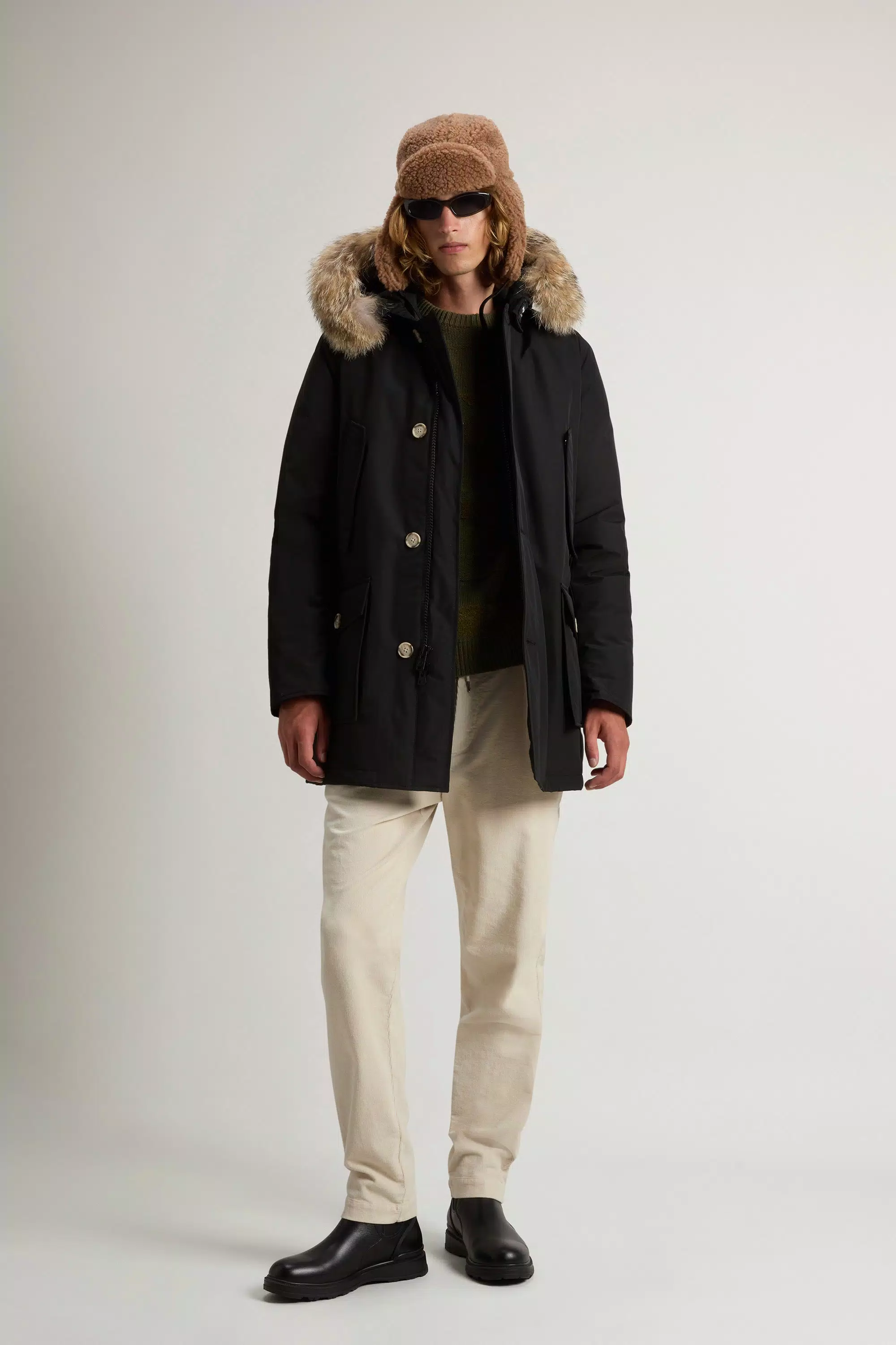 Parka Artica in Tessuto Ramar con Bordo di Pelliccia Rimovibile - Nero