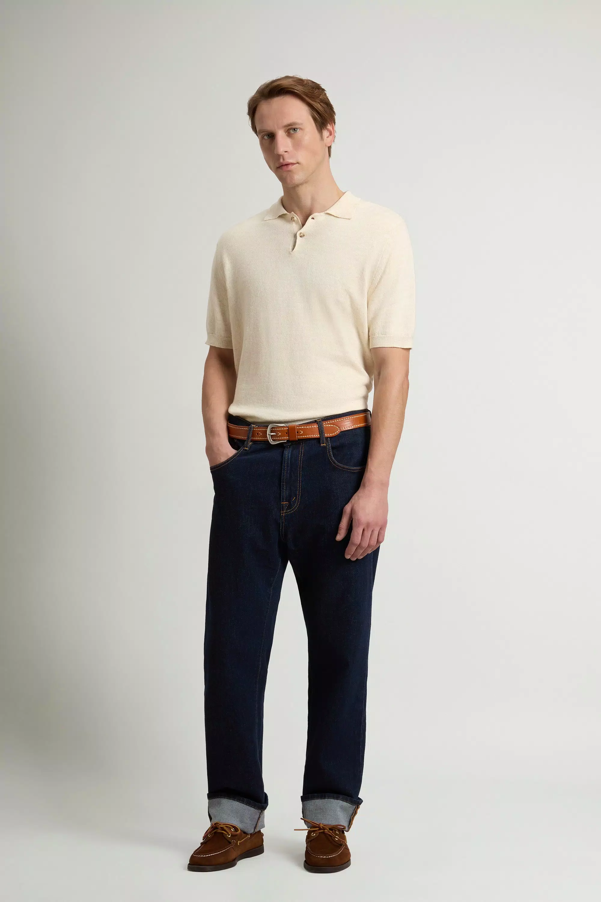 Polo in Cotone e Lino Tessuto Intrecciato - Melange Crema Latte