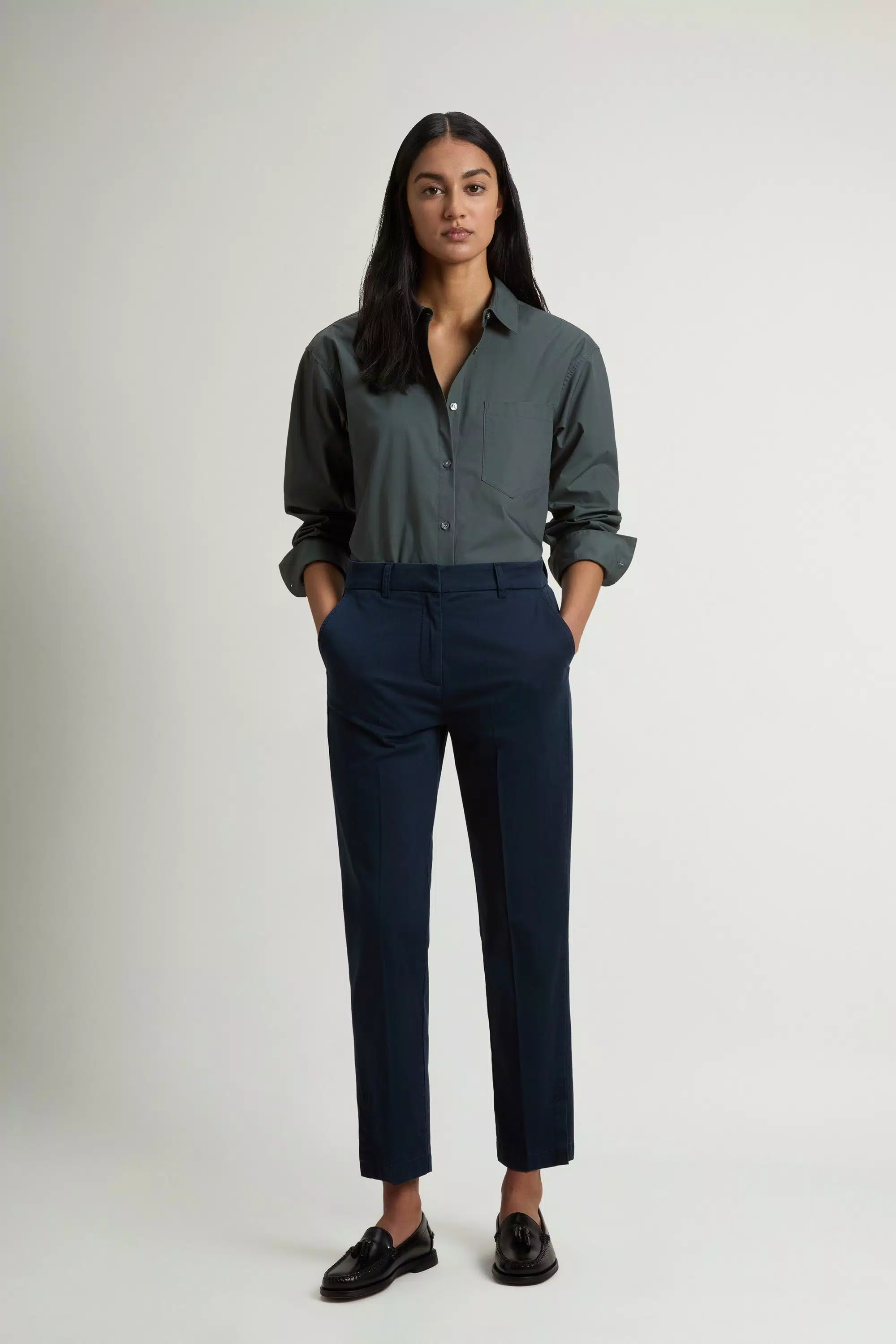 Pantaloni Chino in Tessuto Elasticizzato in Miscela di Cotone - Blu Melton