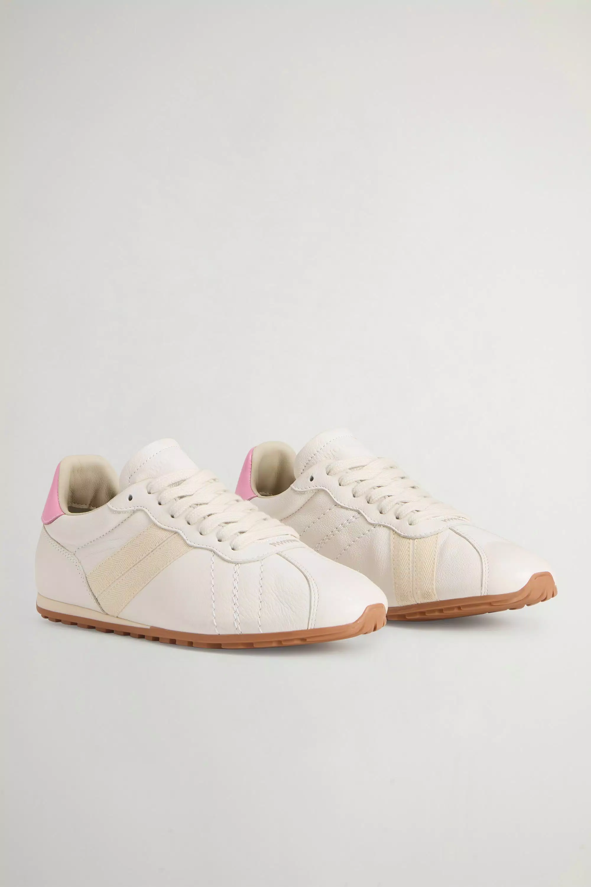 Sneakers Piatte in Cuoio di Vitello con Bande Laterali - Bianco Avorio