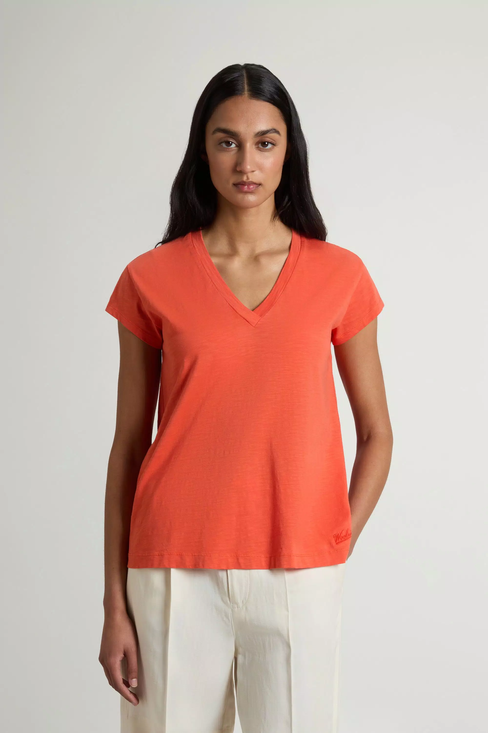 T-shirt a collo a V in Tessuto di Cotone Puro con Effetto Slub - Paprika