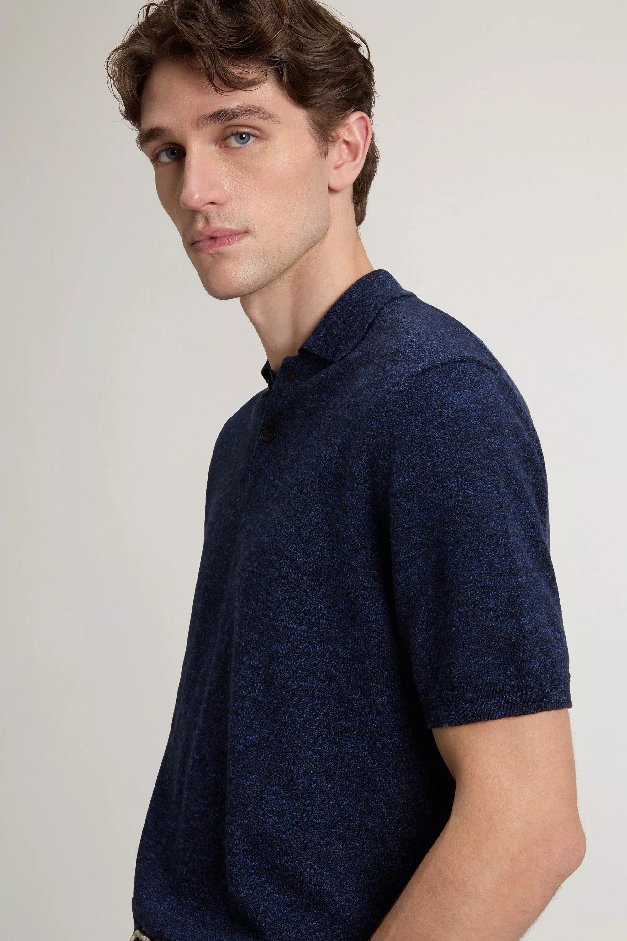Polo in Cotone e Lino Tessuto Intrecciato - Melton Blu Melange