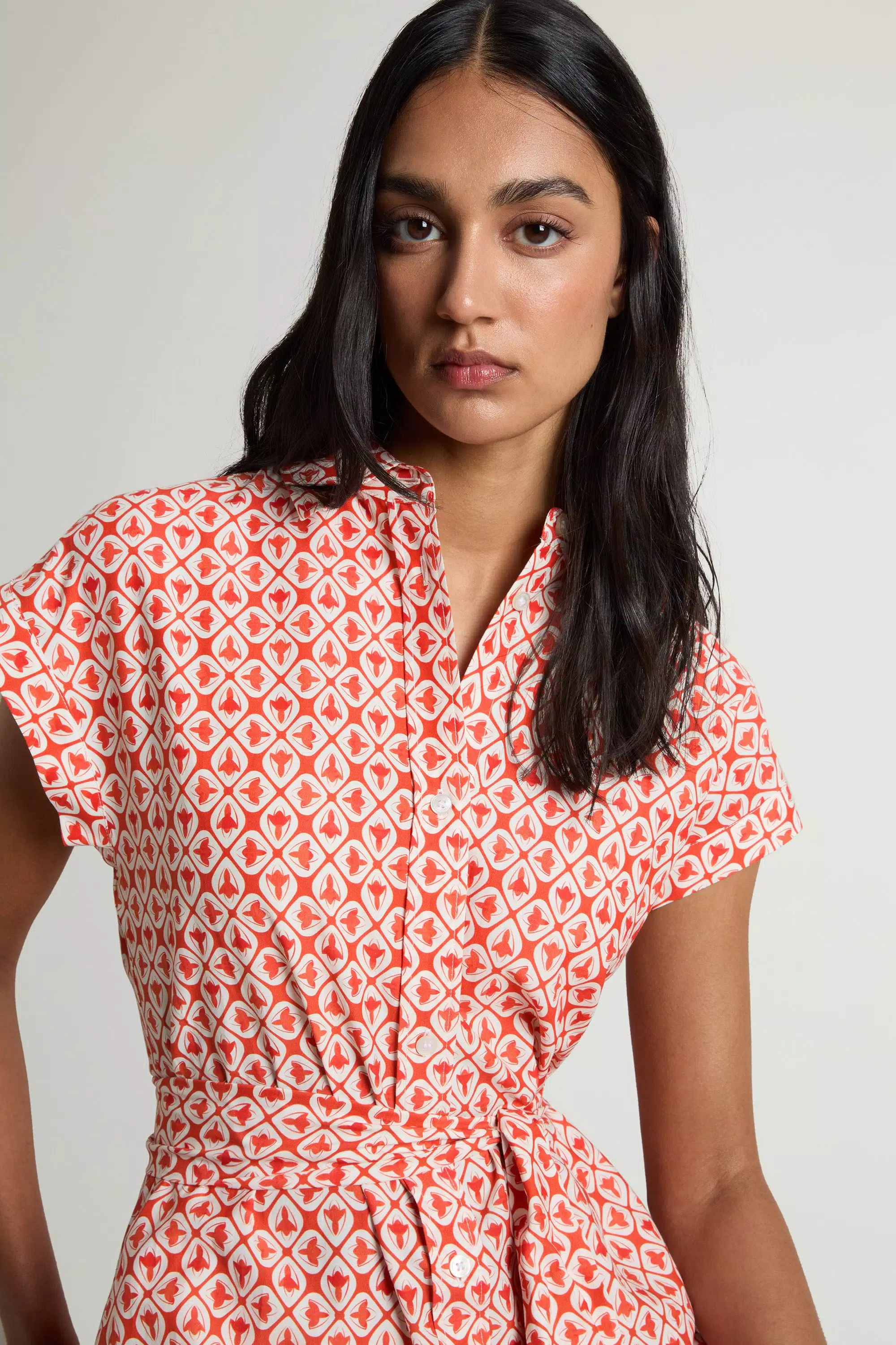Abito camicia in misto cotone con cintura - Paprika Tile Bloom