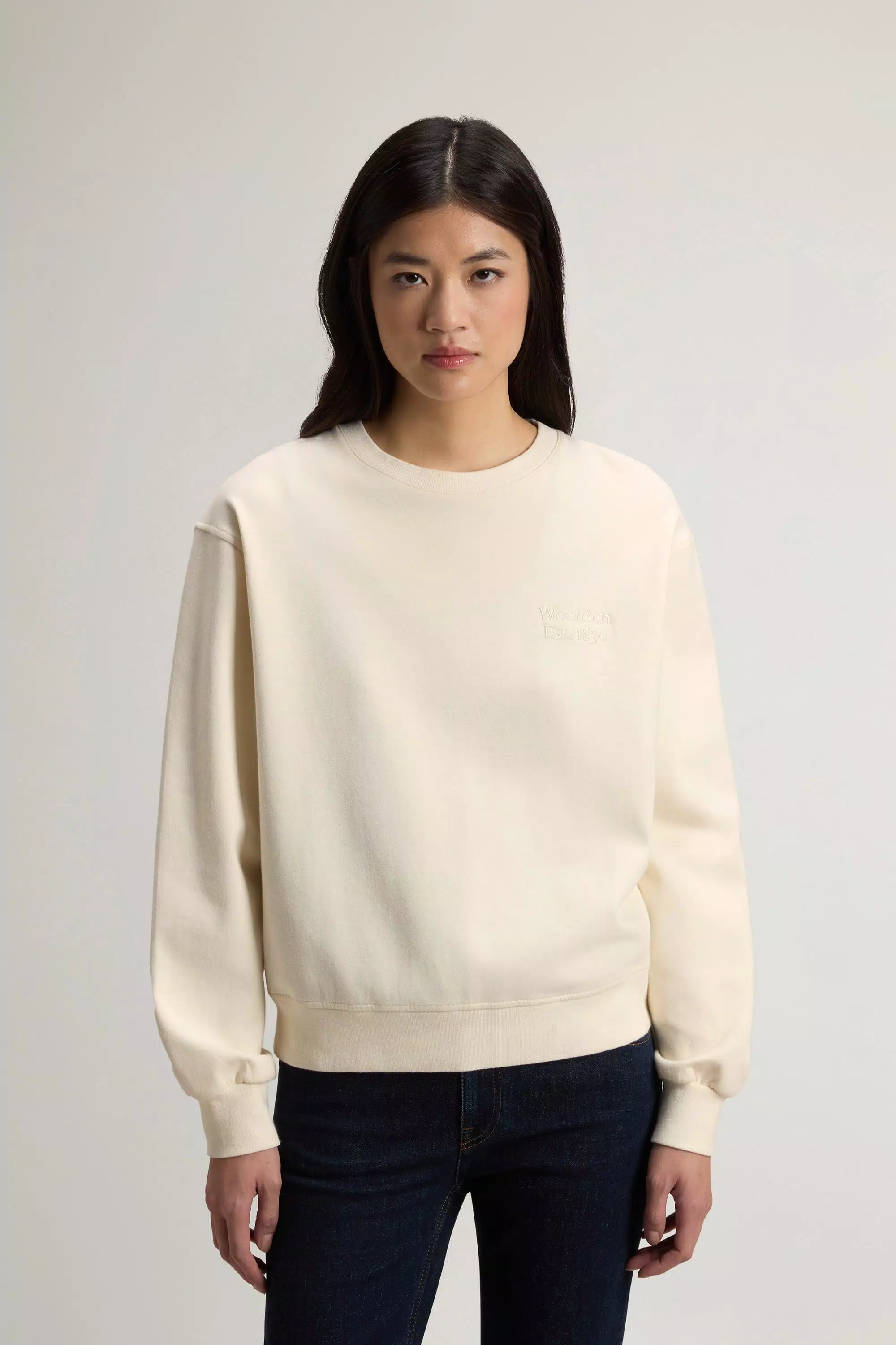 Felpa girocollo in interlock in misto cotone - Crema latte