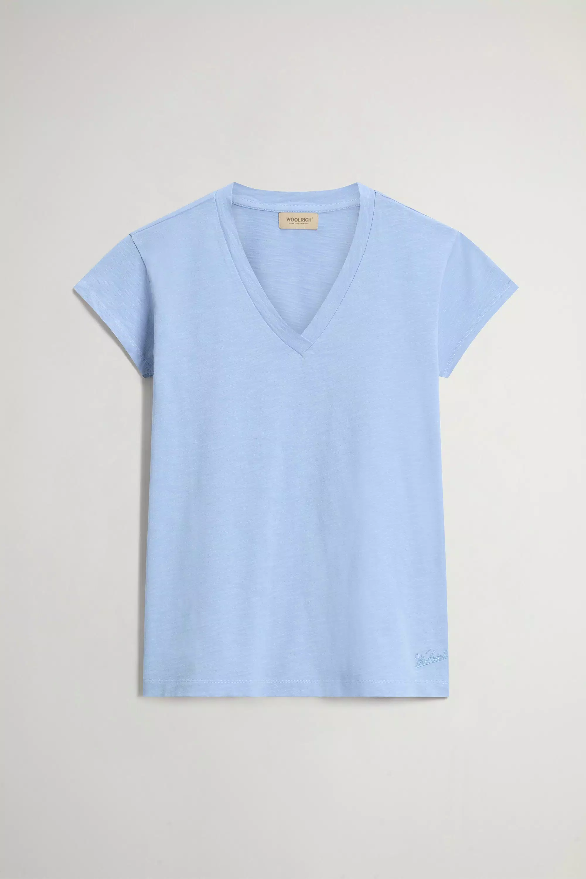 T-shirt a collo a V in Tessuto di Cotone Puro con Effetto Slub - Blu Soffio