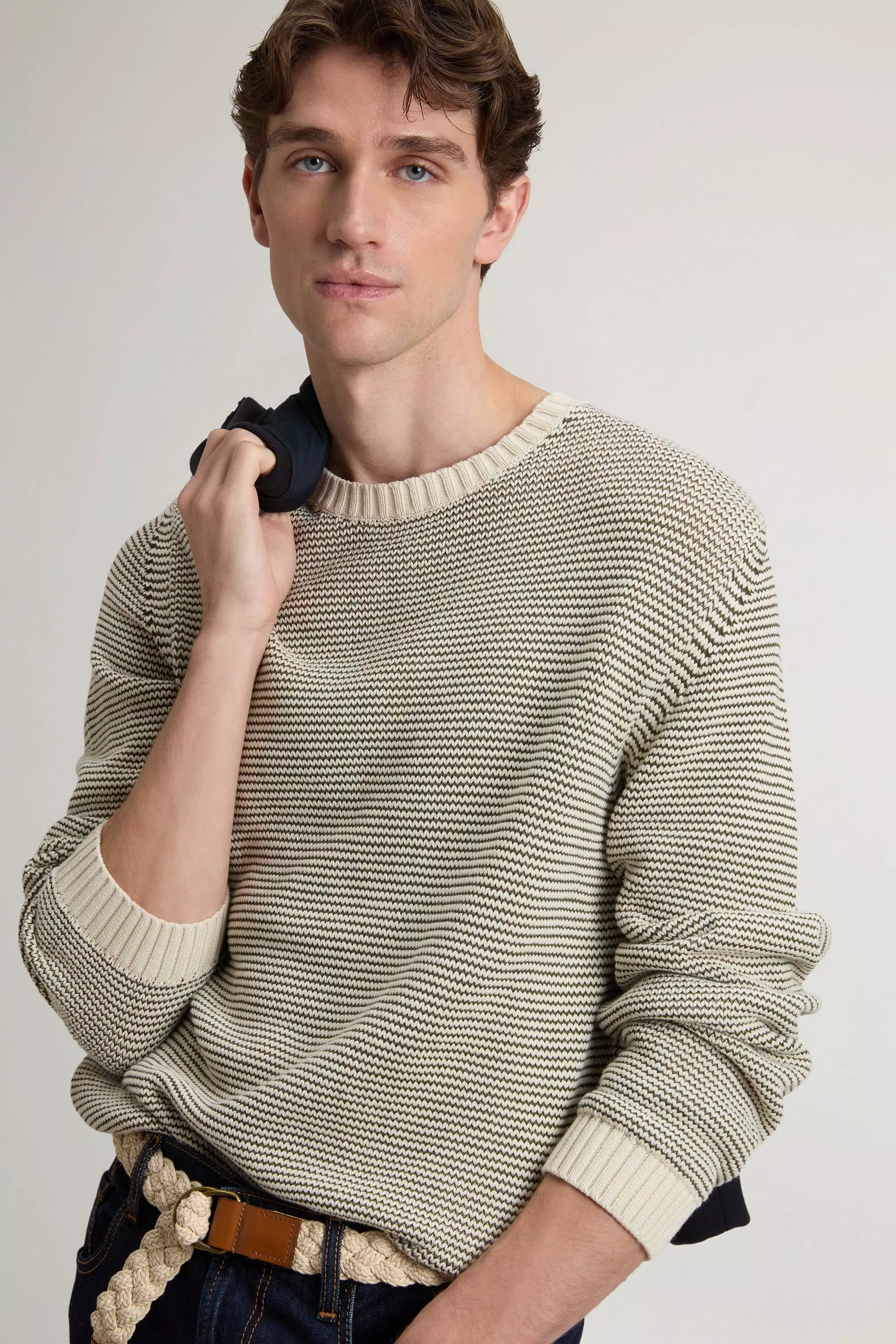 Maglione girocollo a righe in misto cotone - Righe avorio