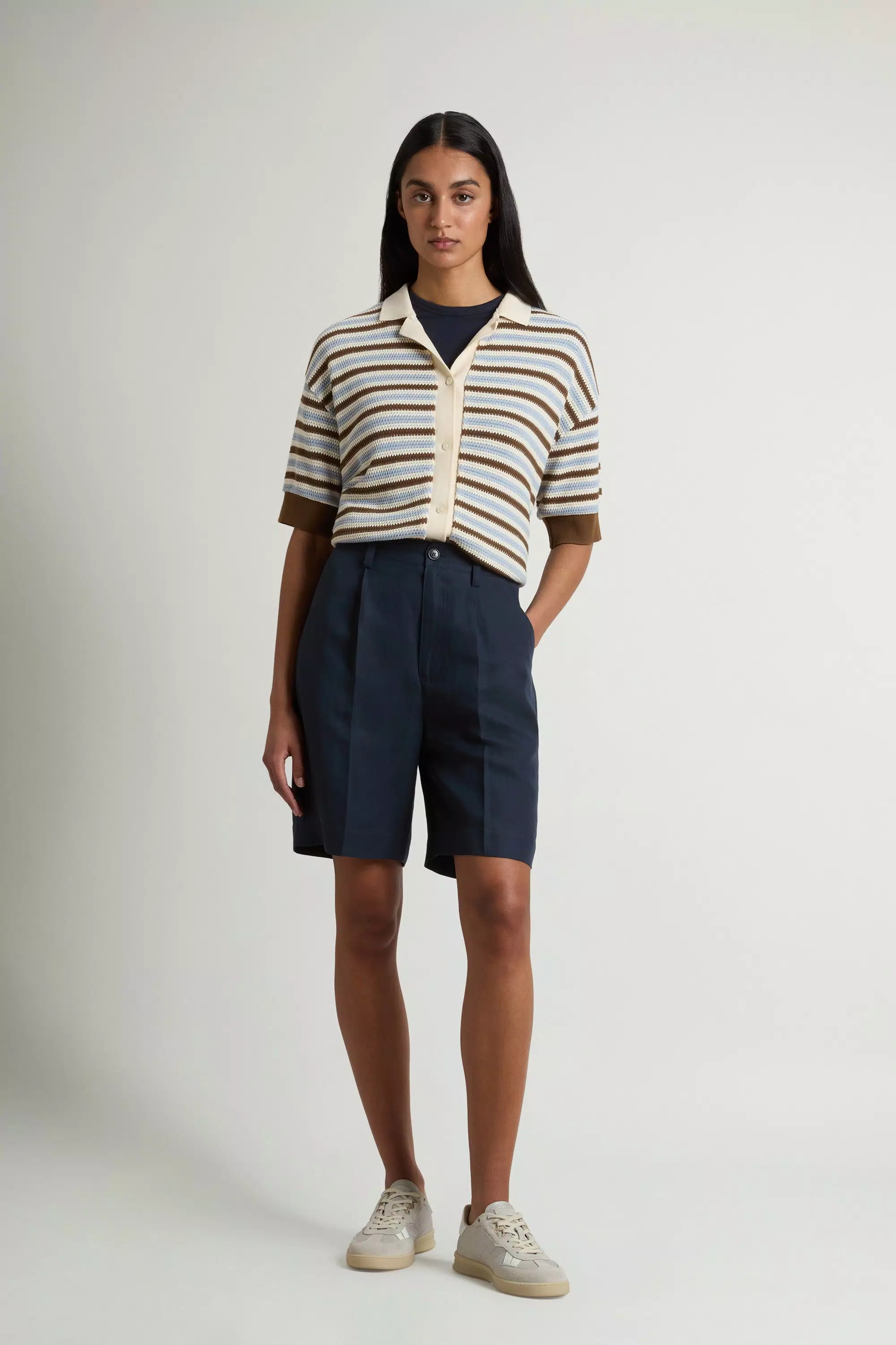 Shorts in Tessuto in Miscela di Lino con Pieghe - Melton Blu