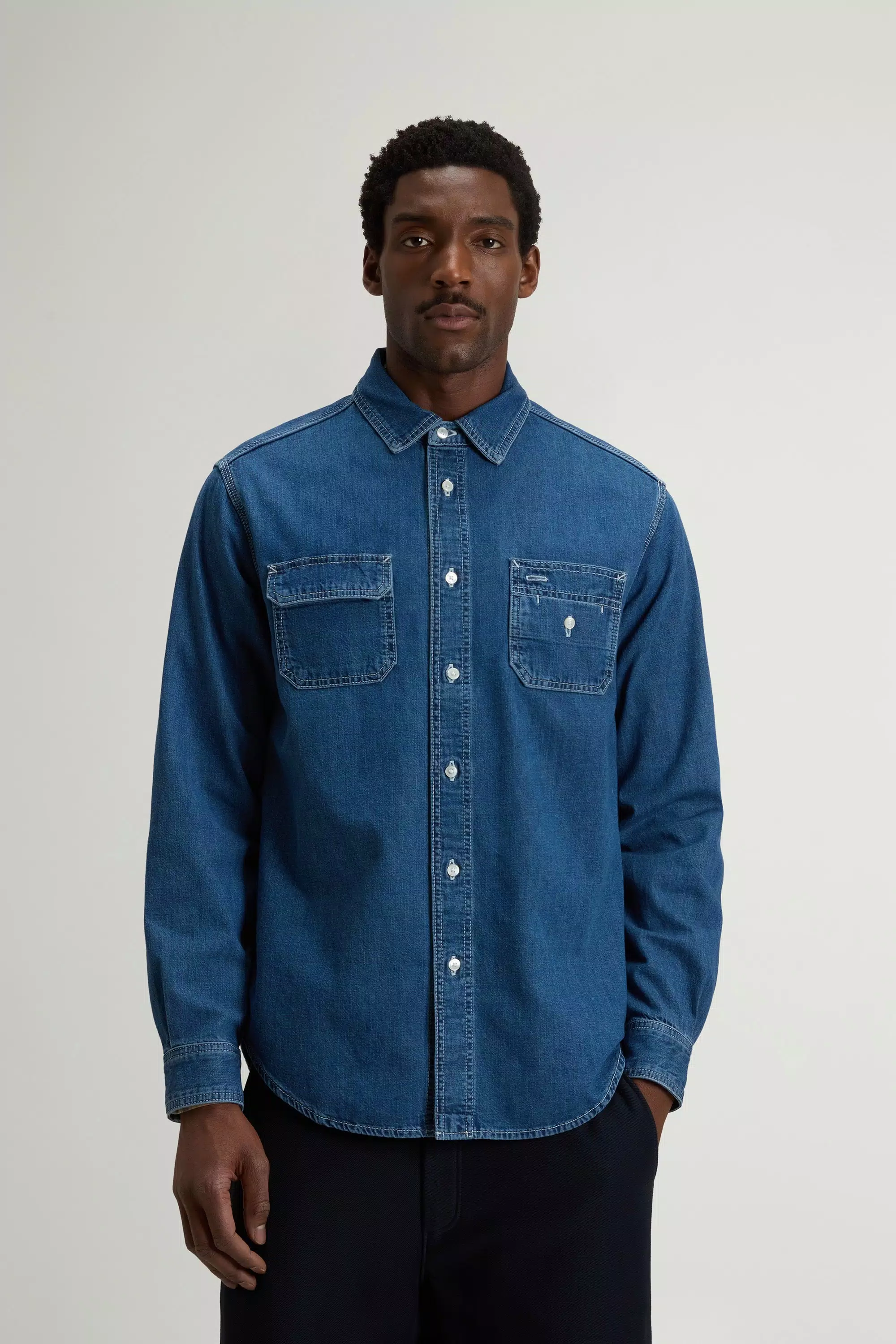 Camicia in Denim di Cotone Puro Leggero - Indaco Medio