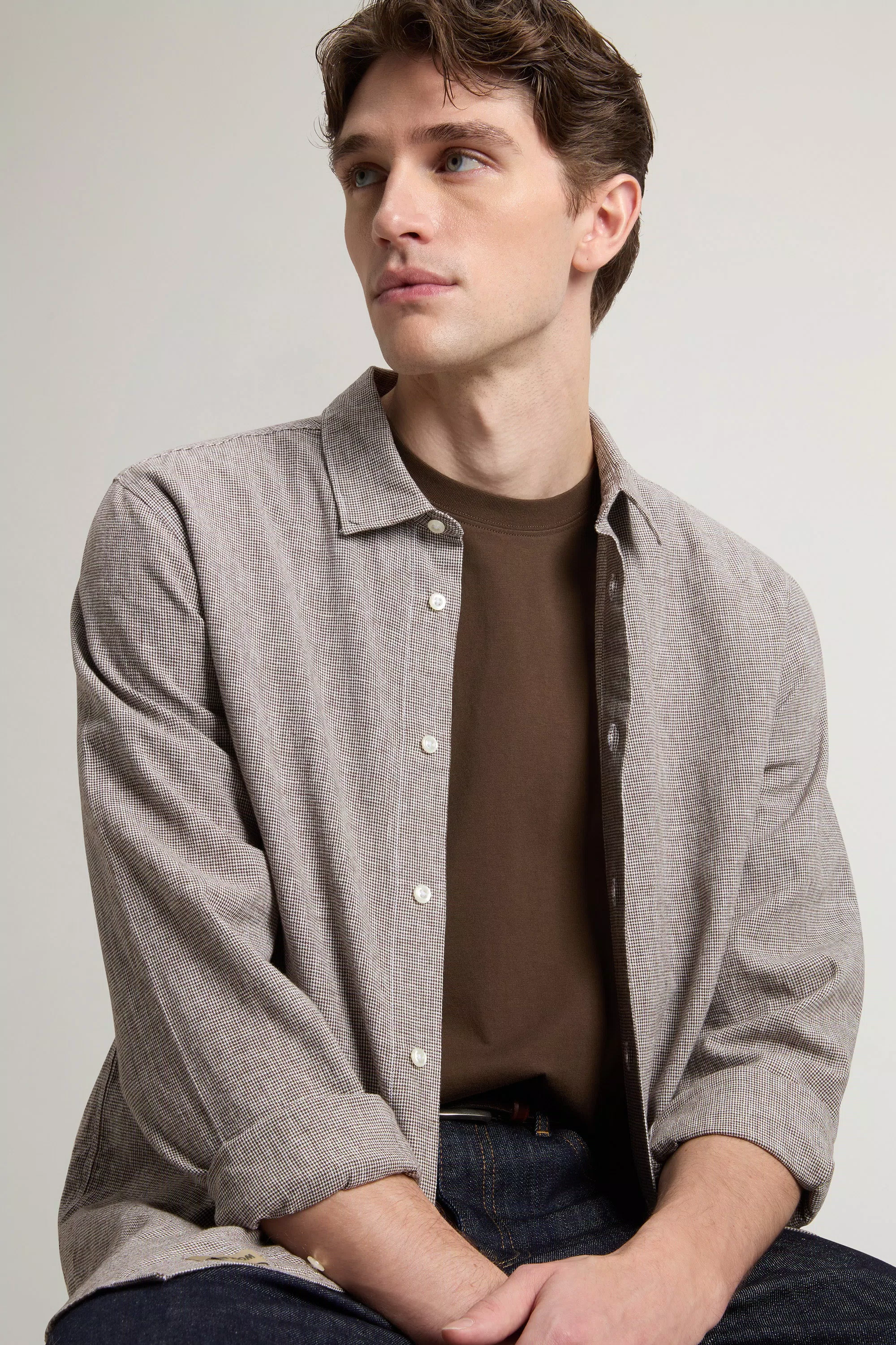 Camicia in misto cotone e lino - Brown Pied de Poule