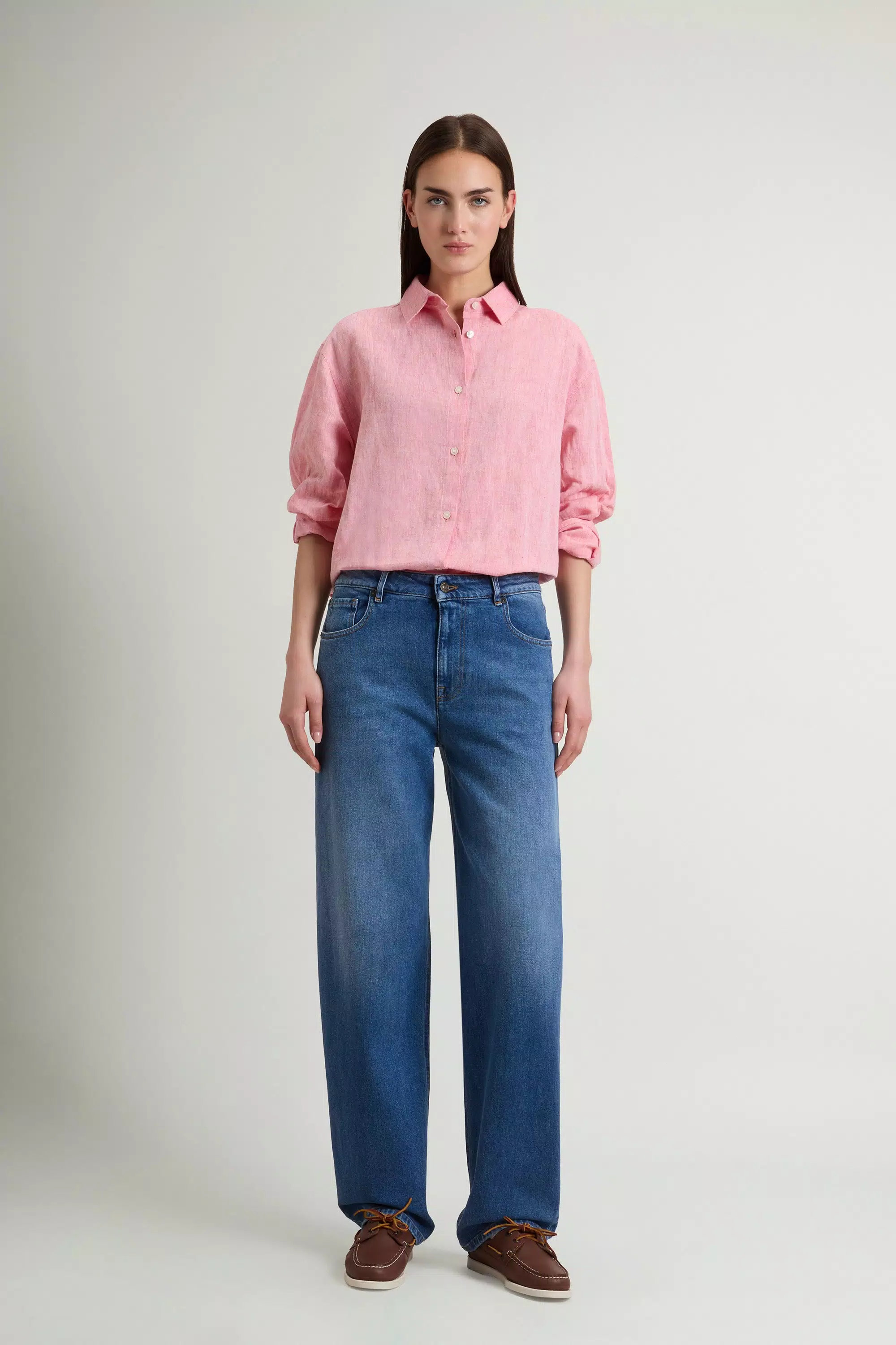 Jeans a Ciniglia Larga a Cinque Tasche in Denim di Cotone Elasticizzato - Lavaggio Stone