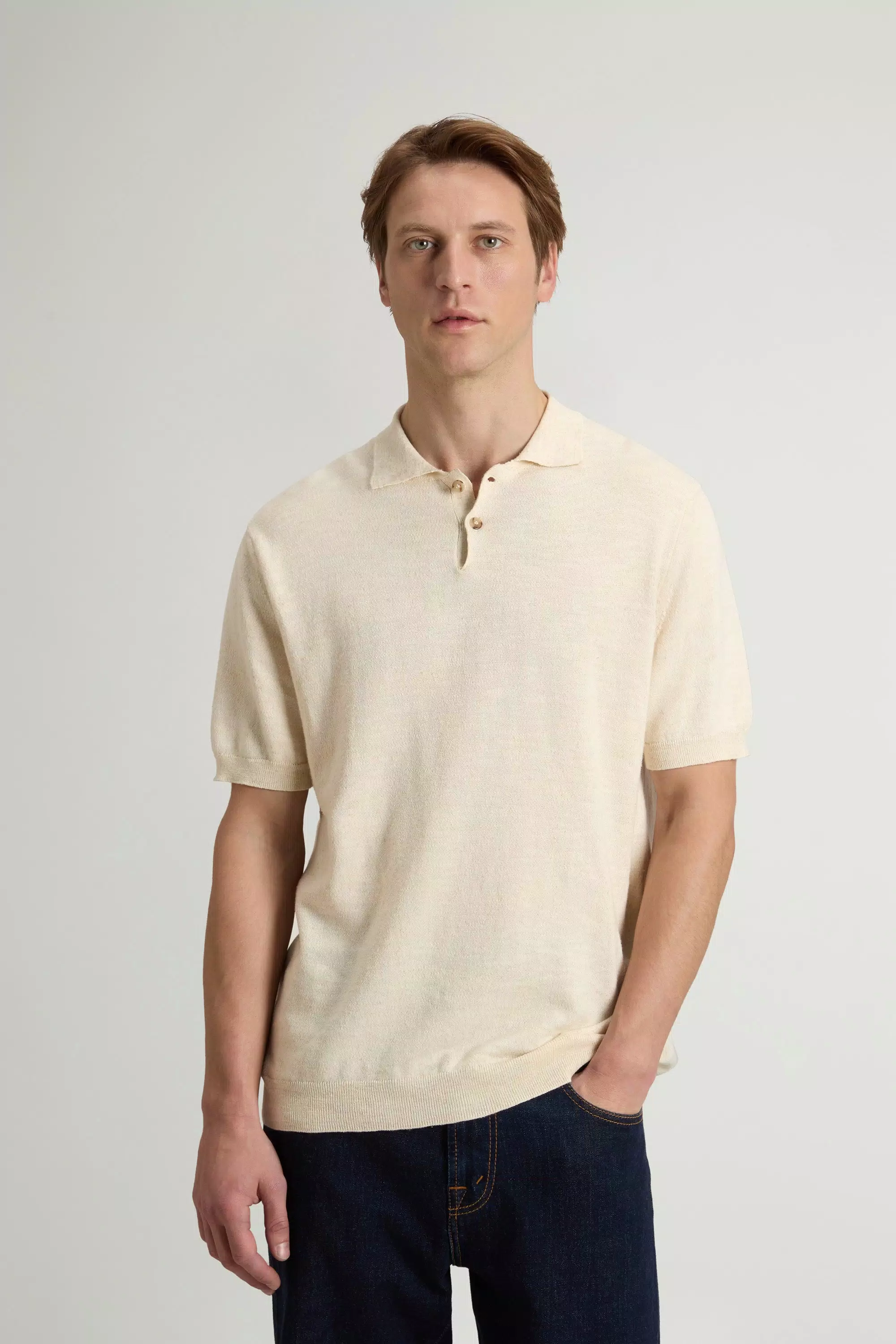 Polo in Cotone e Lino Tessuto Intrecciato - Melange Crema Latte