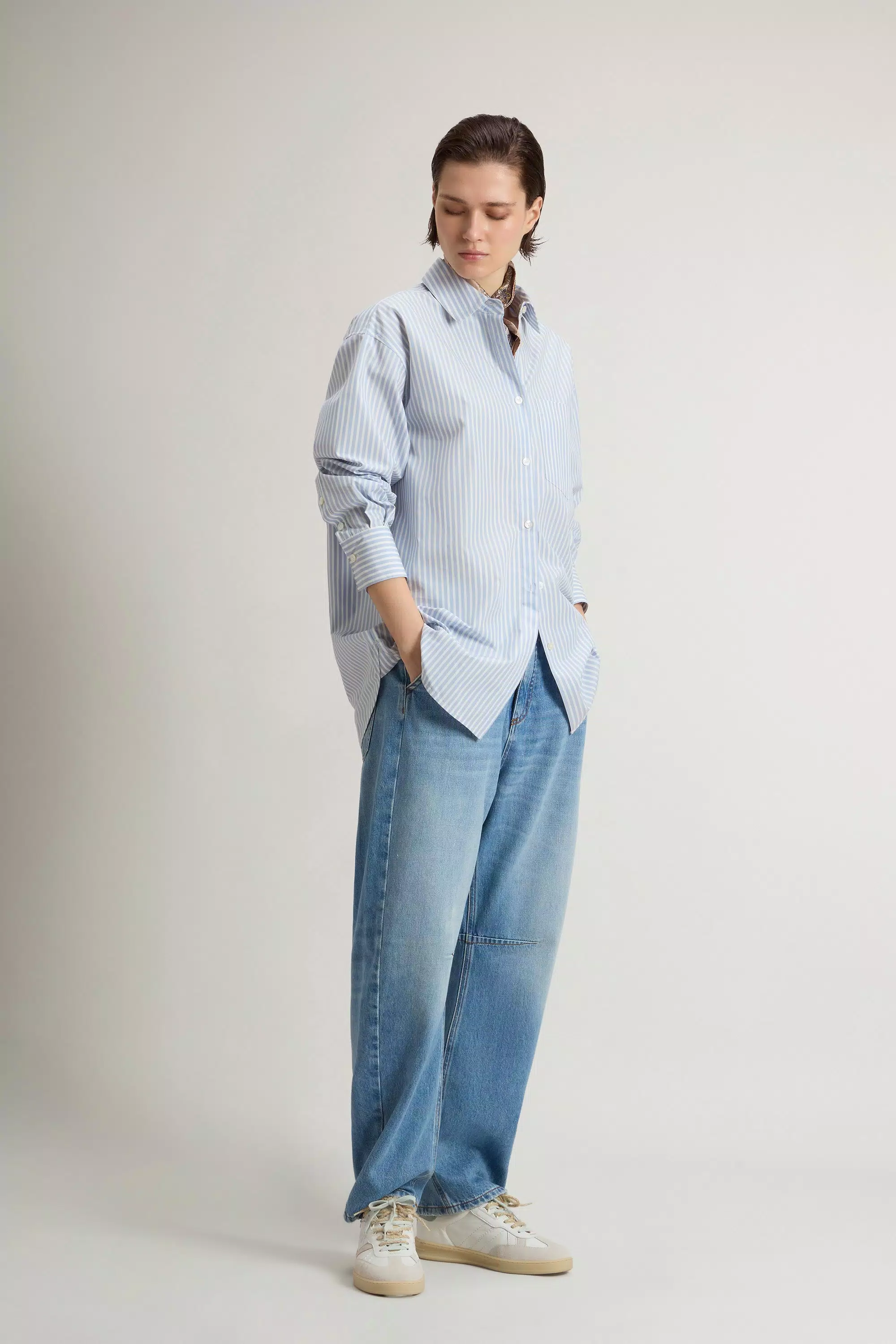 Camicia Boyfriend in Popeline di Cotone Puro a Strisce - Strisce Blu