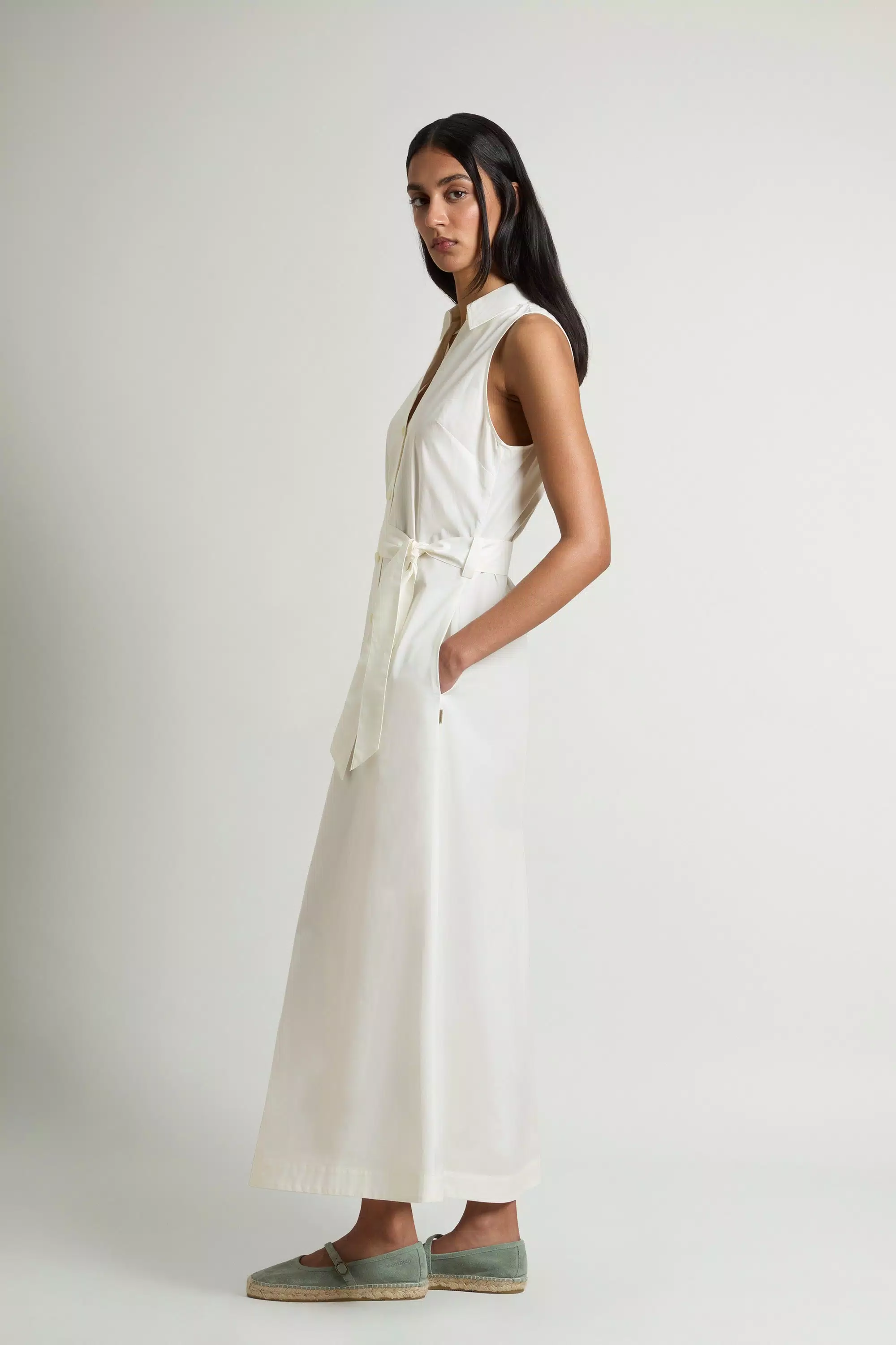 Vestito a camicia in popeline di cotone puro con cintura - Bianco Artico