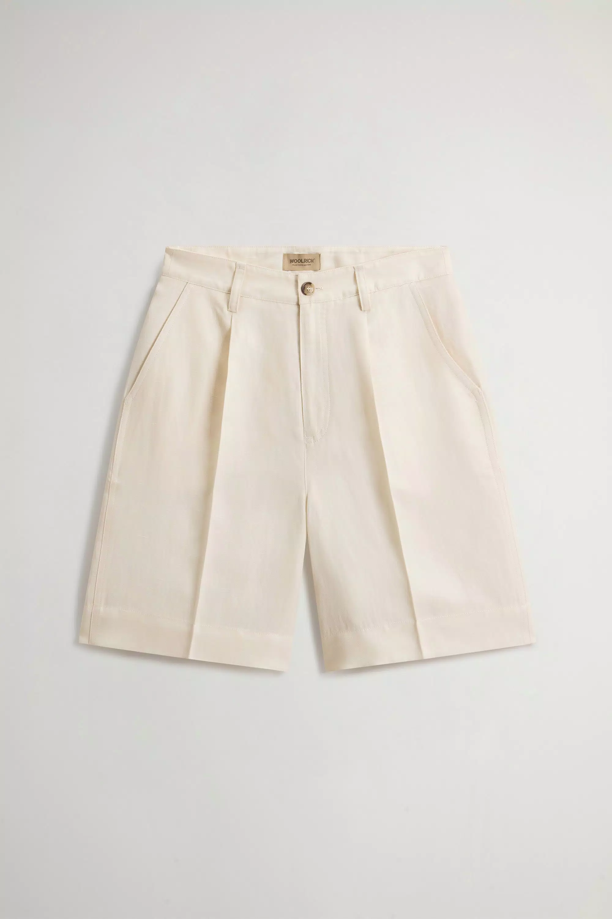 Shorts in Tessuto in Miscela di Lino con Pieghe - Crema Latte