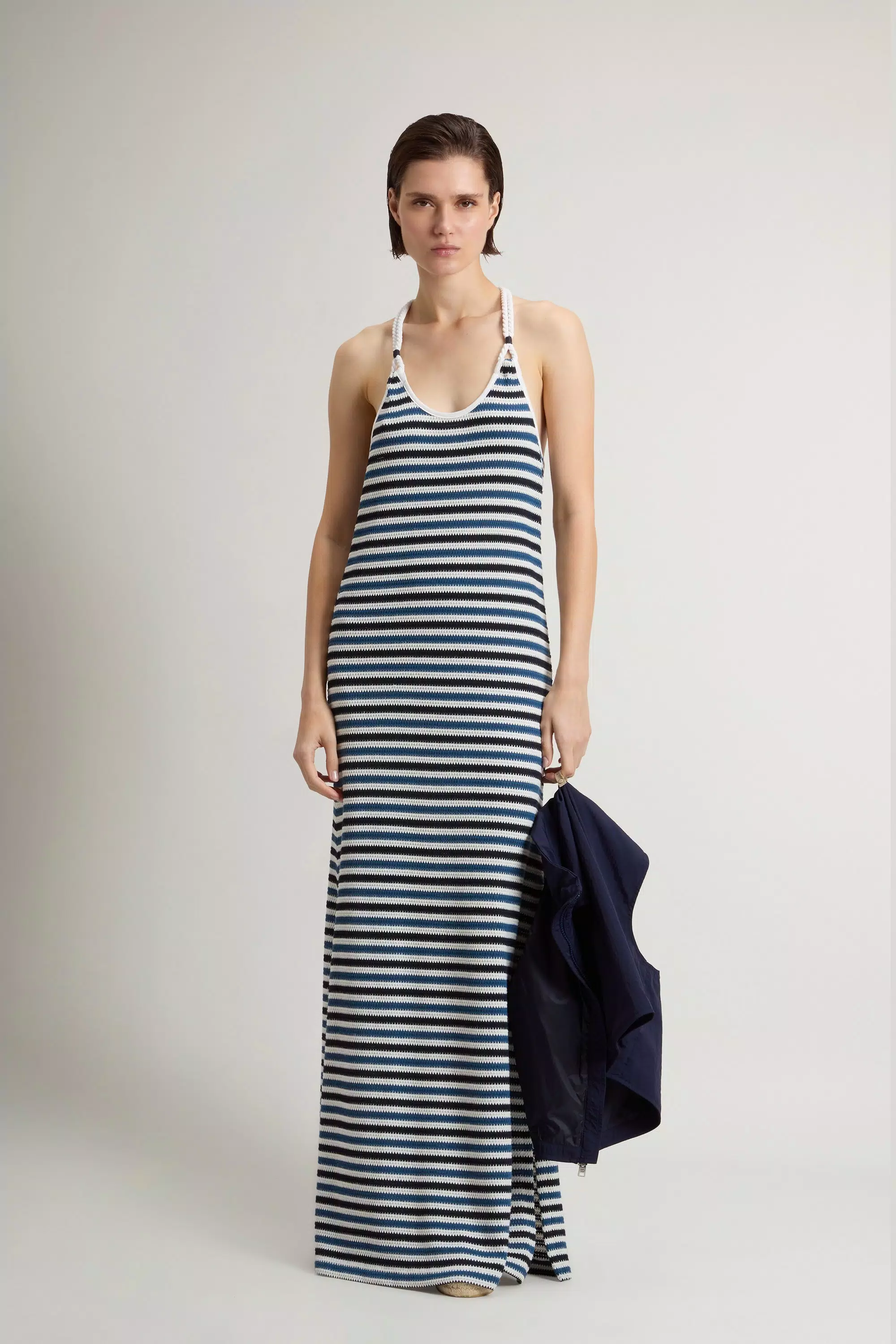 Abito in Cotone con Miscela di Strisce - Strisce Melton Blu