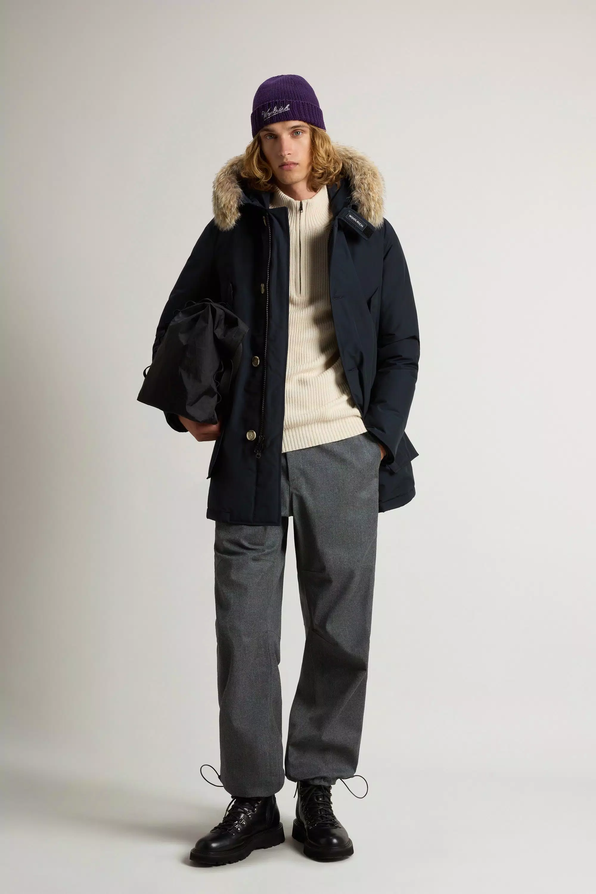 Parka Artica in Tessuto Ramar con Bordo in Pelliccia Rimovibile - Melton Blu