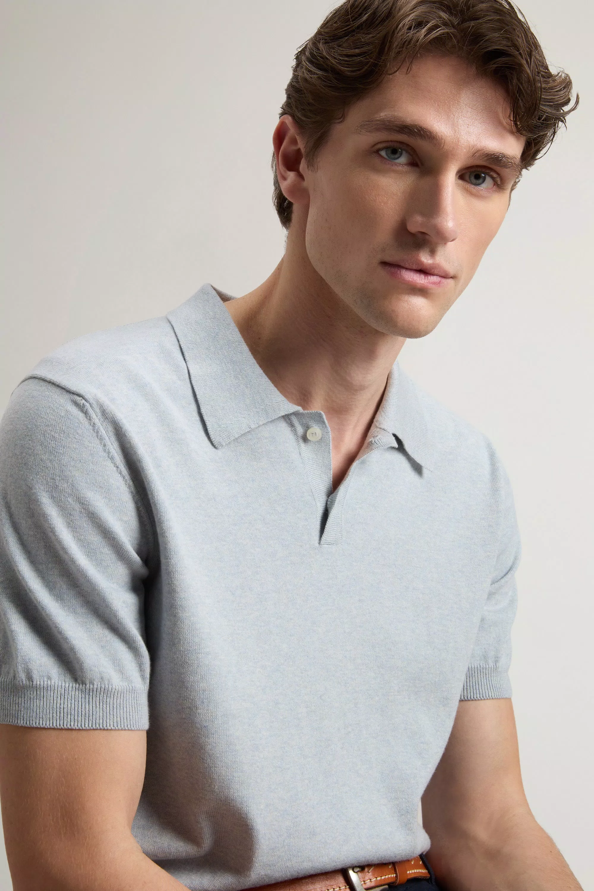 Polo in Cotone 100% Maglia - Melange Blu Chiaro