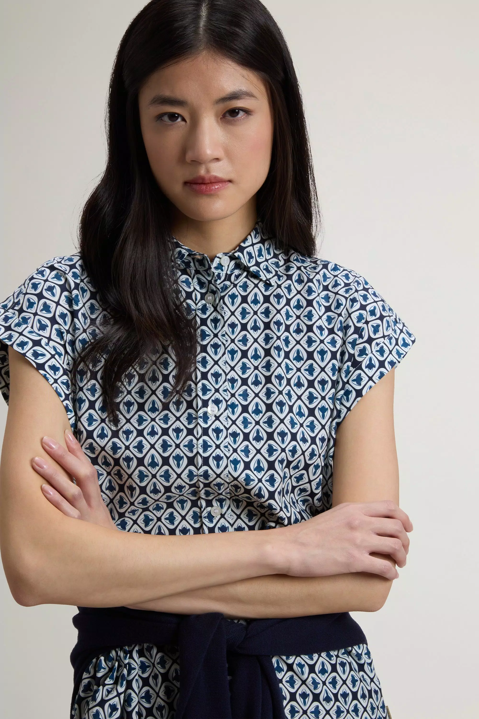 Abito a Camicia in Mistura di Cotone con Cintura - Blu Tegola Fiorita