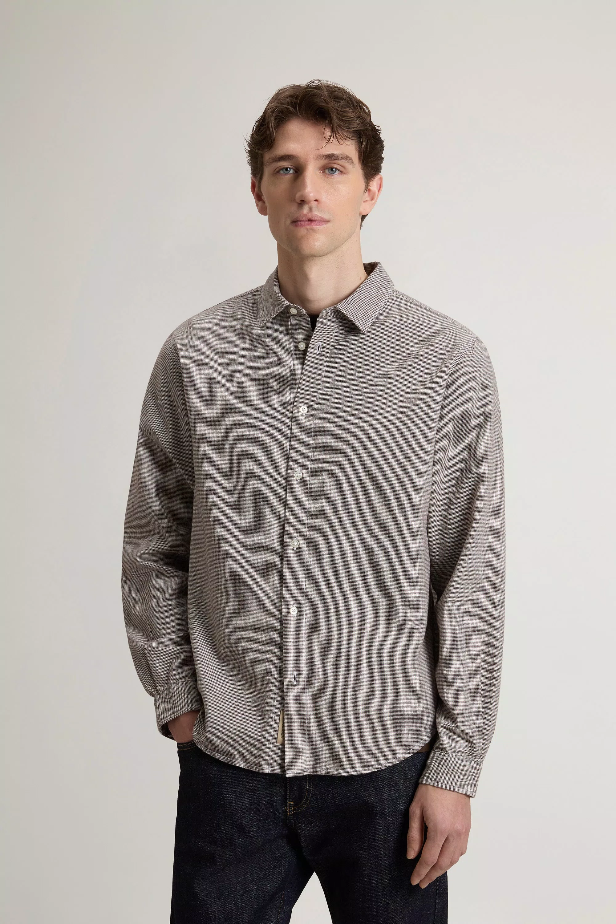 Camicia in misto cotone e lino - Brown Pied de Poule
