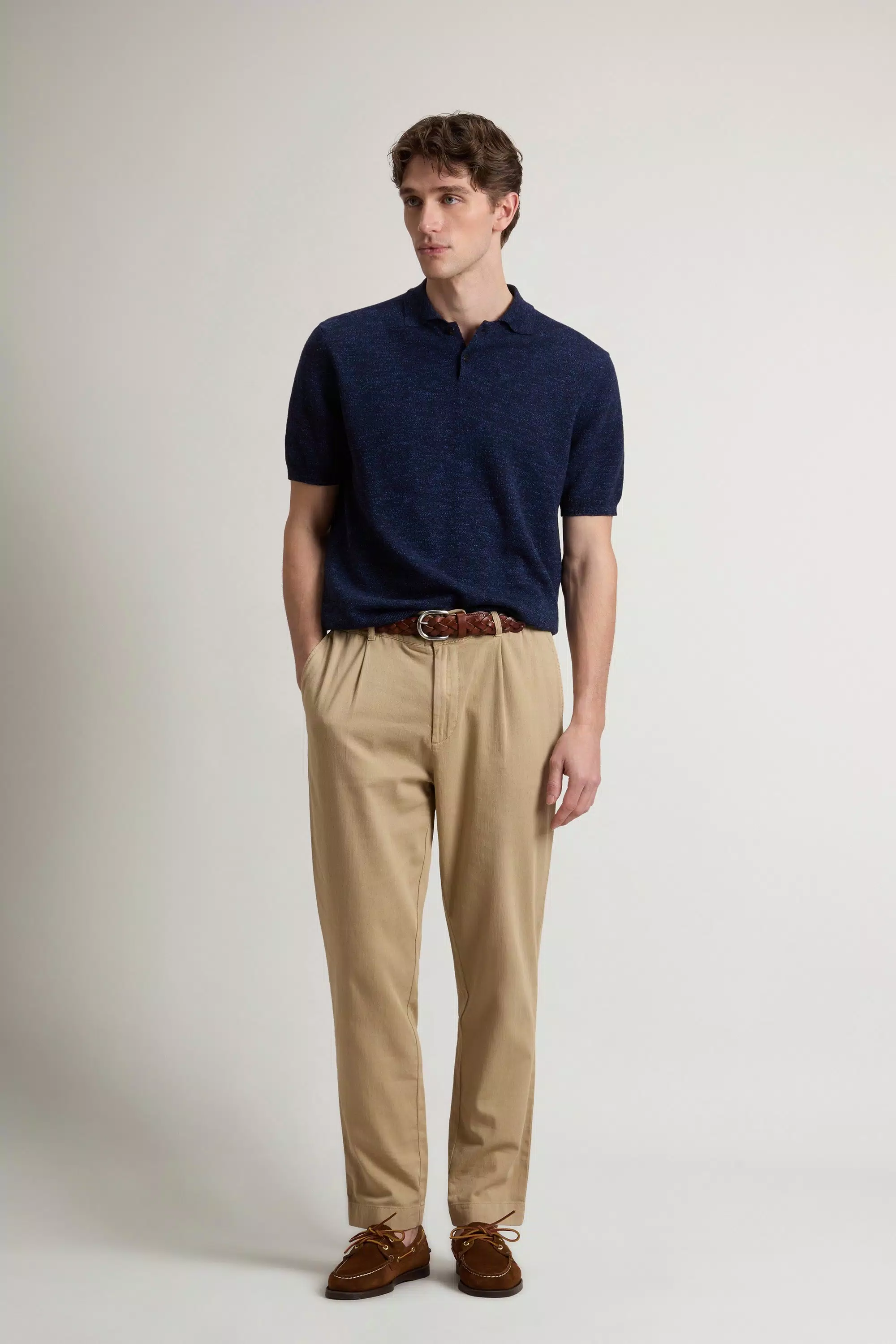 Polo in Cotone e Lino Tessuto Intrecciato - Melton Blu Melange