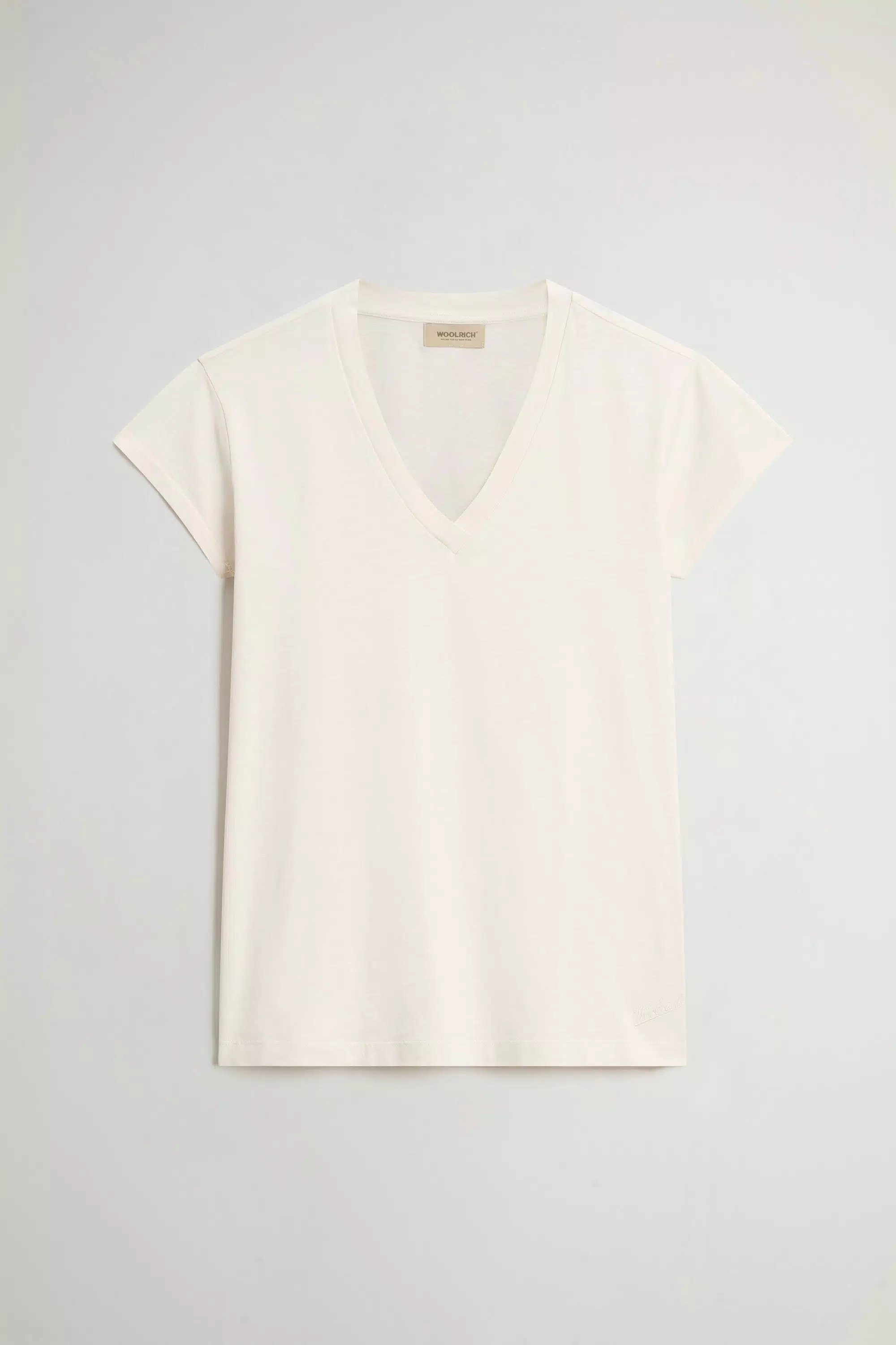 T-shirt a collo a V in Tessuto di Cotone Puro con Effetto Slub - Crema Latte