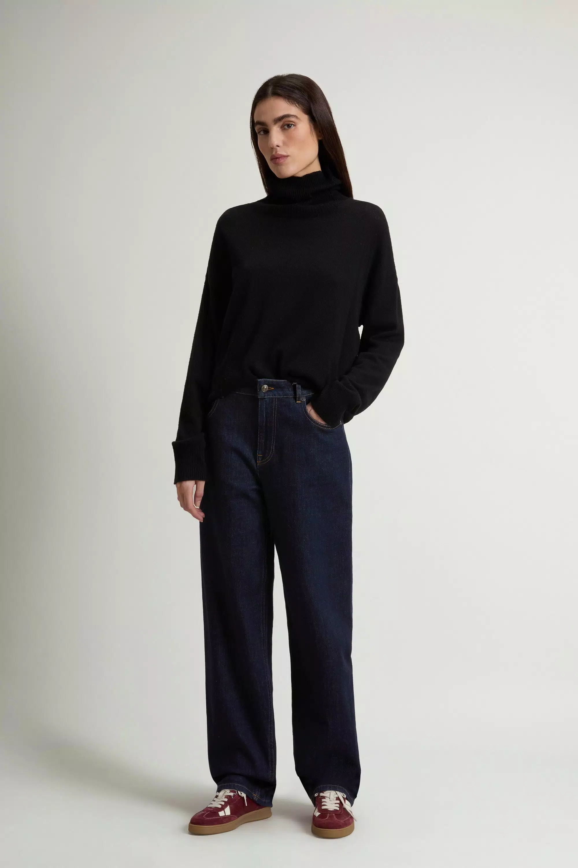 Jeans a Ciniglia Larga a Cinque Tasche in Denim di Cotone Elasticizzato - Lavaggio Rinsato
