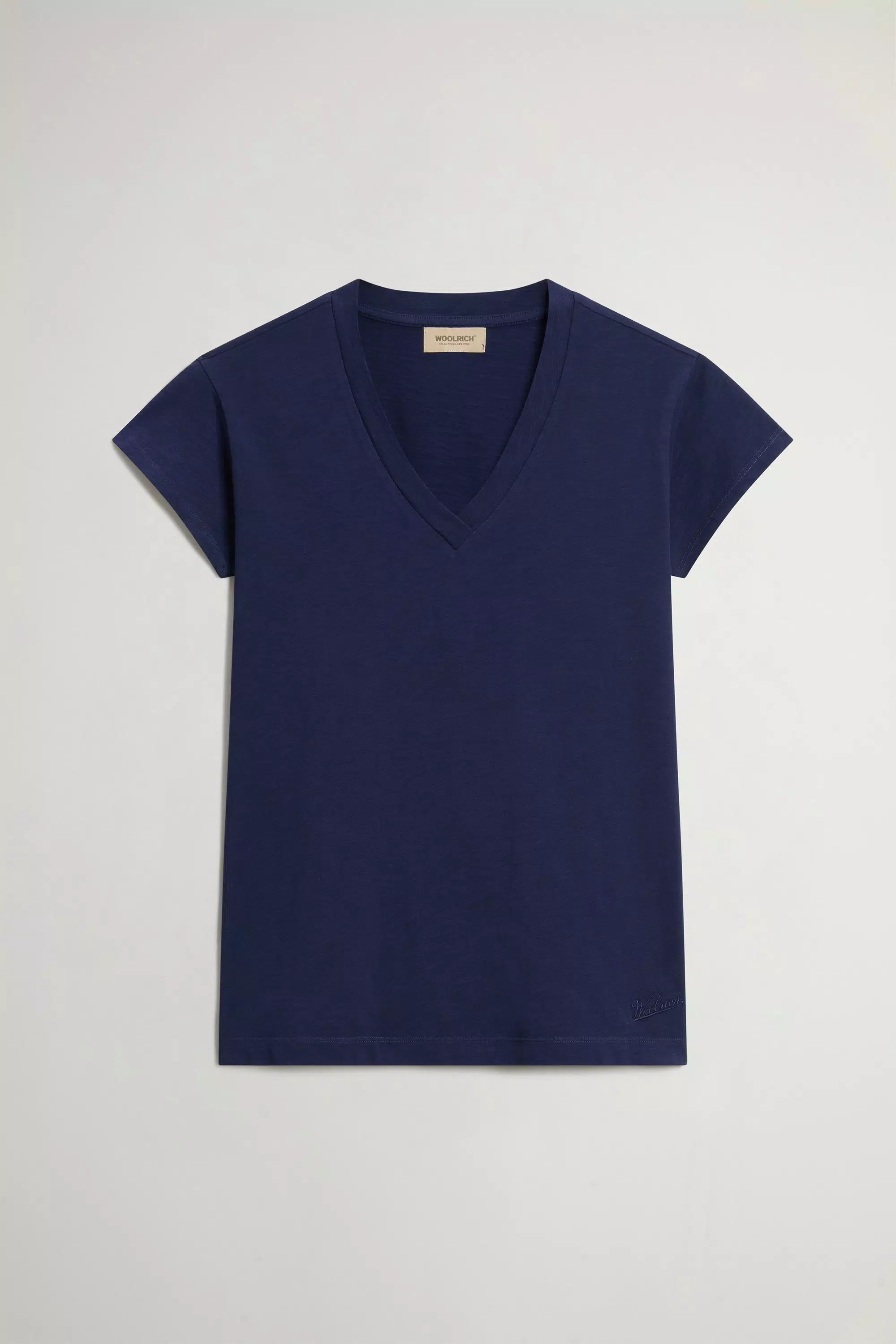 T-shirt a collo V in tessuto in cotone puro con effetto slub - Blu Marittimo