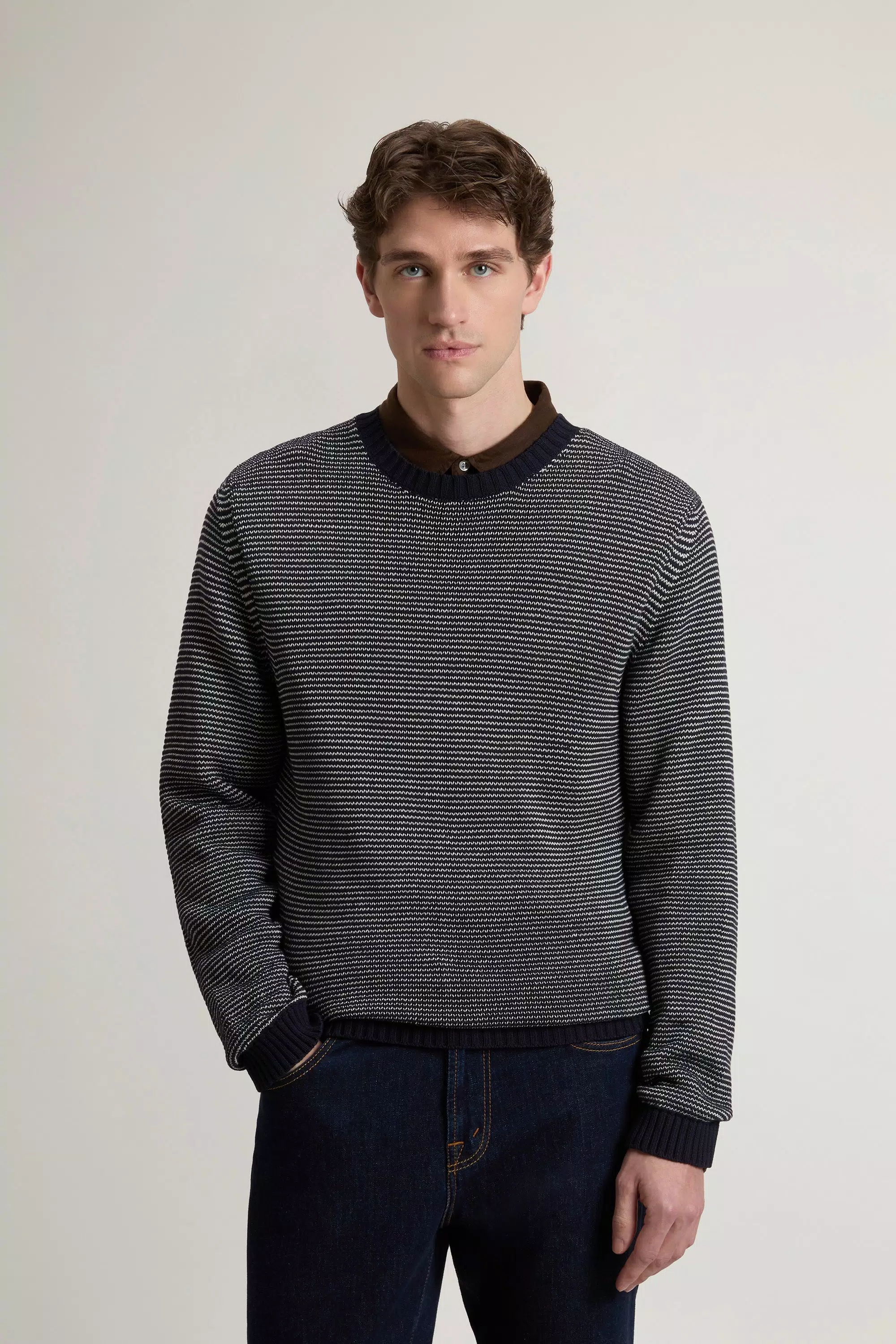 Pullover a collo a righe in misto cotone - Strisce blu