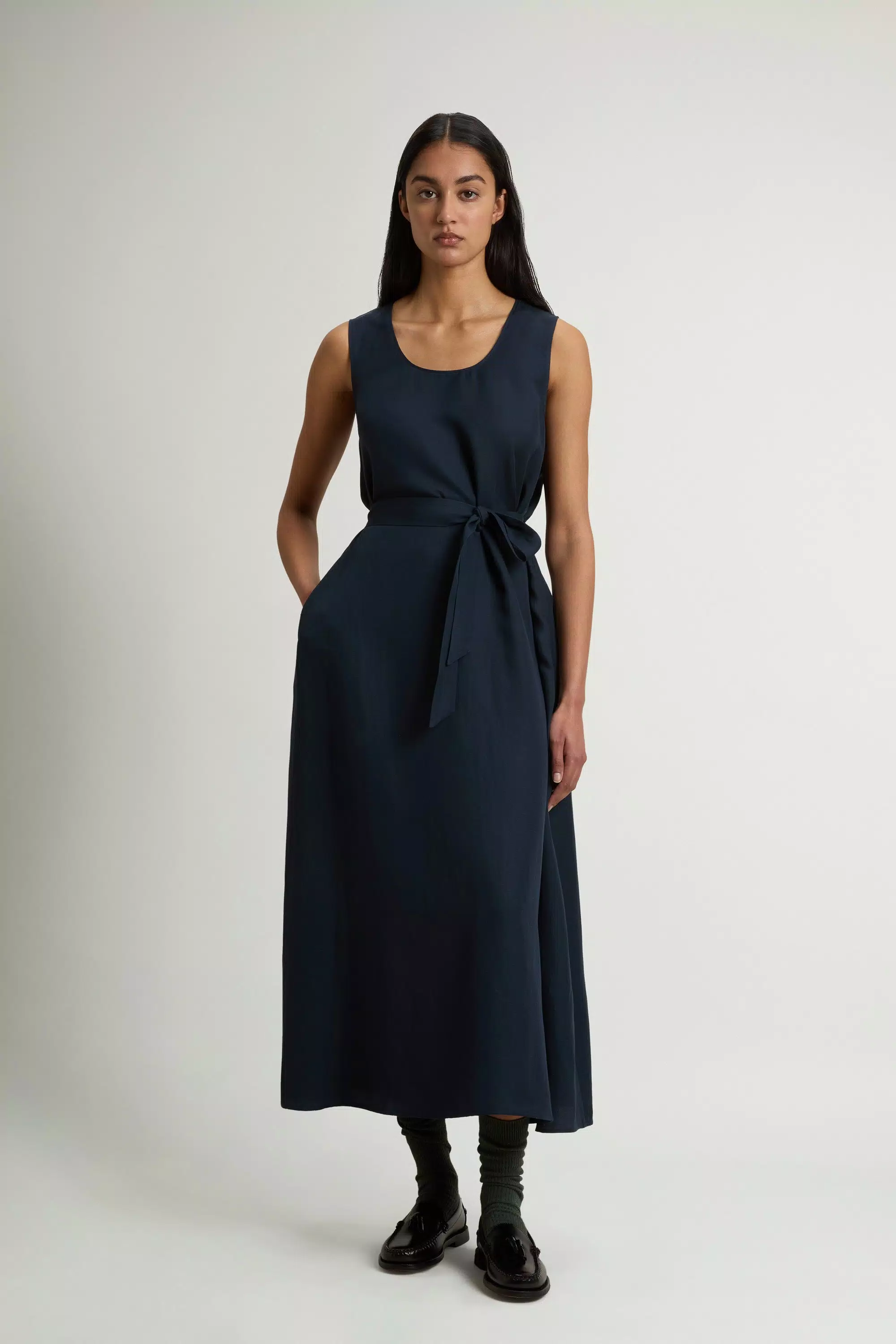 Abito senza maniche in misto lino con cintura - Melton Blu