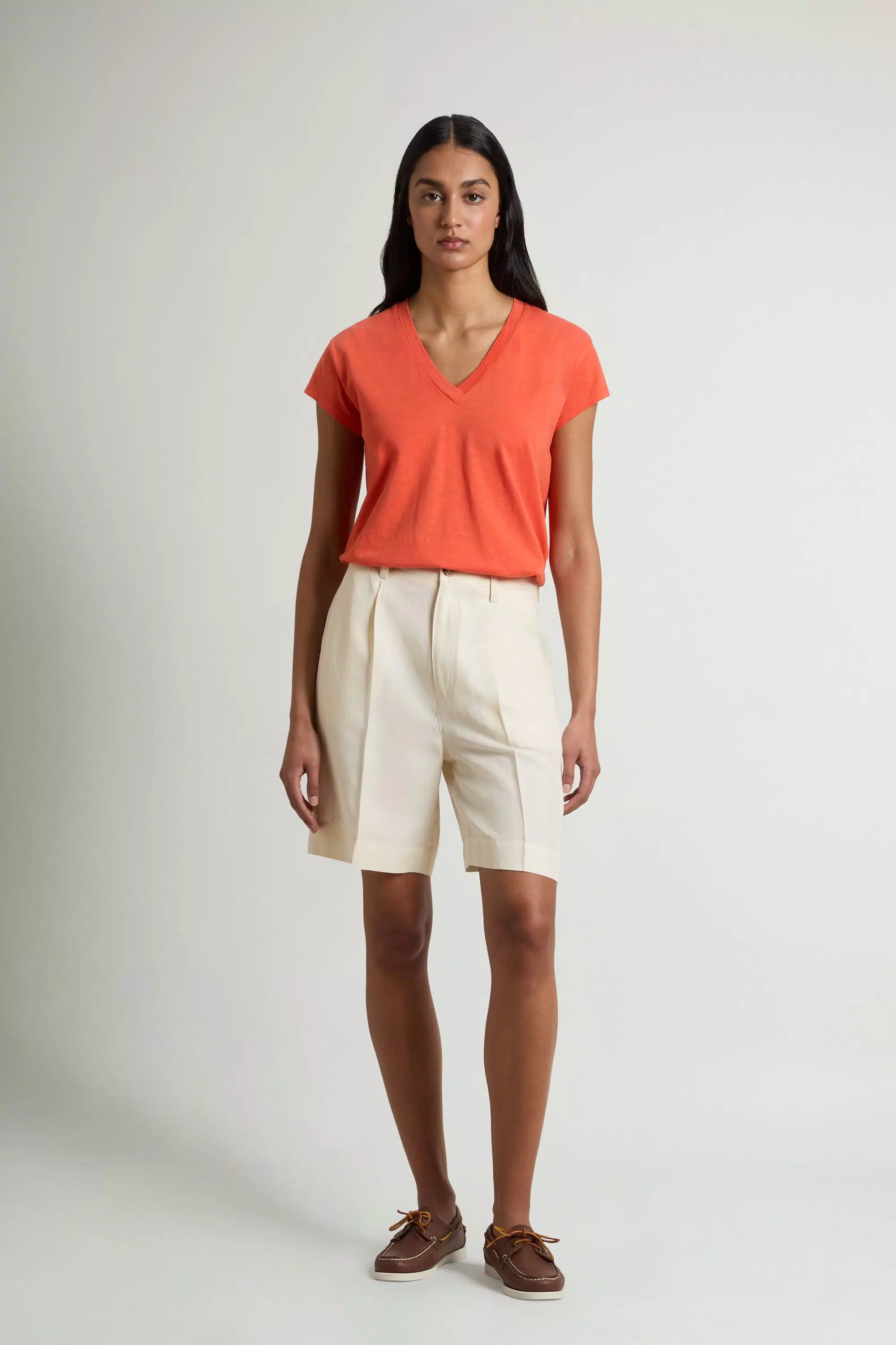 Shorts in Tessuto in Miscela di Lino con Pieghe - Crema Latte