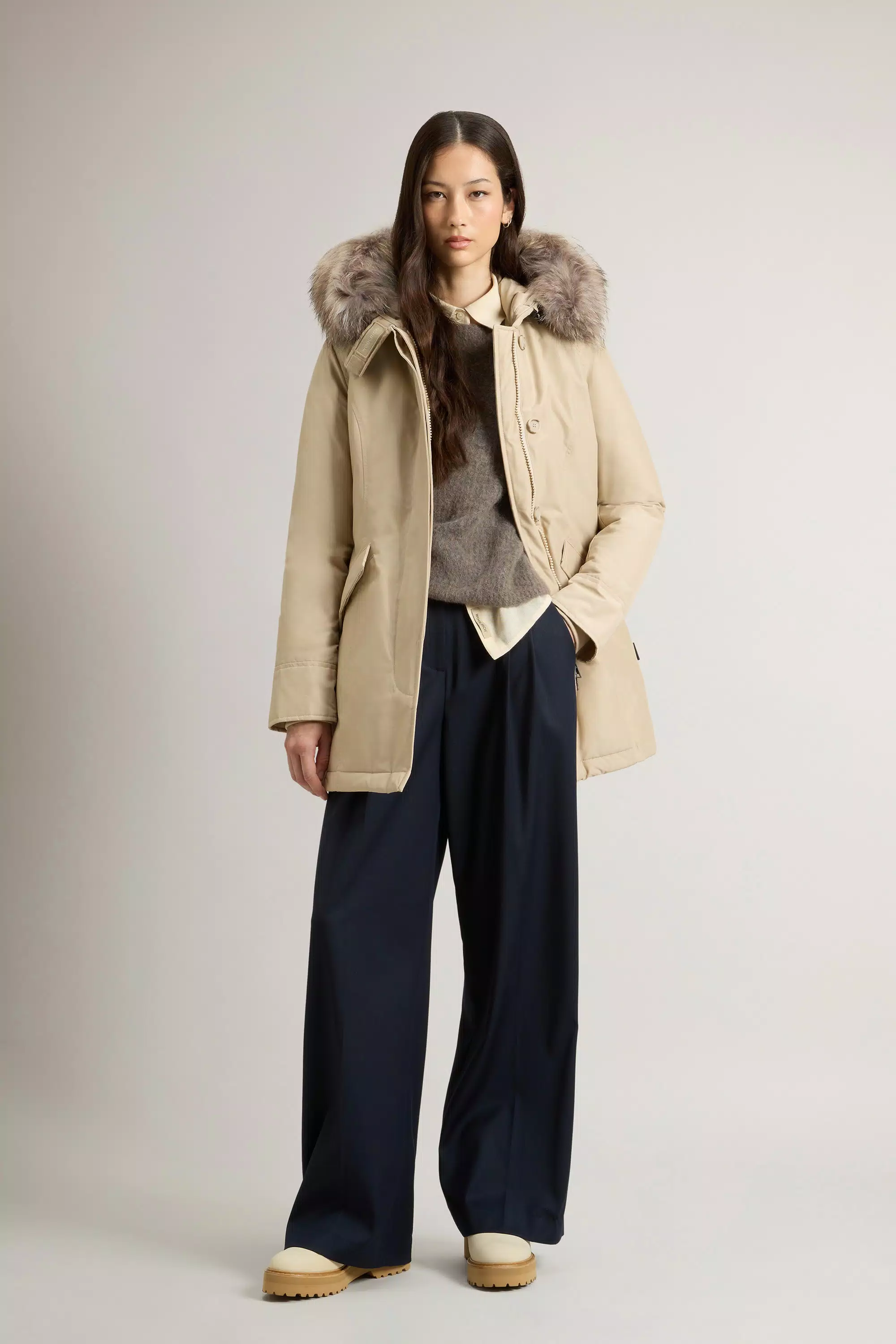 Parka Artica in Tessuto Ramar con Bordo in Pelliccia Rimovibile - Oxford Tan